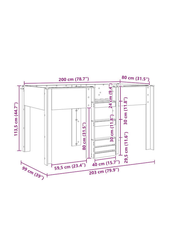 Kinderbett Koje Einzeln mit Stauraum Braun für Matratze 80x200cm