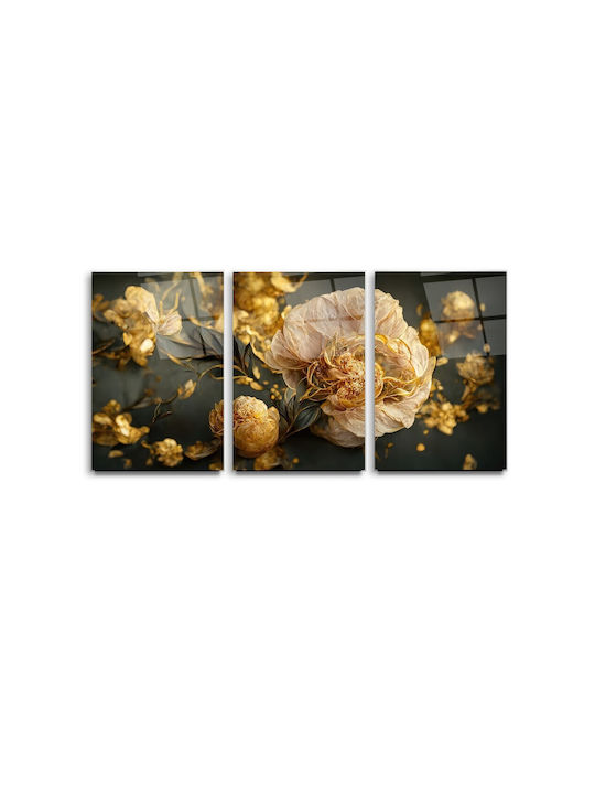 Triptych Glass Set with Flowers Charcoal and Gold Details (50x70cm)