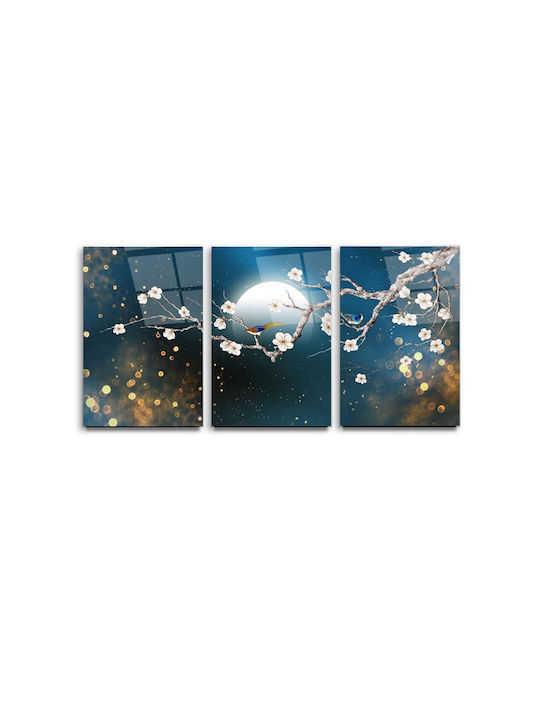 Threefold Glass Set With Flower Branch In Dark Blue (60x90cm)