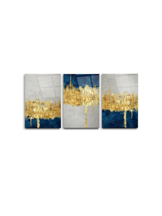 Threefold Glass Set of Abstract Art in Blue and Gold (60x90cm)