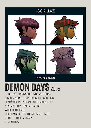 Плакат Музика Demon Days Gorillaz Ms598 21см Х 30см Бяла Рамка PVC