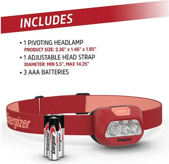 Energizer Flashlight LED IPX4 with Maximum Brightness 325lm Headlight Red