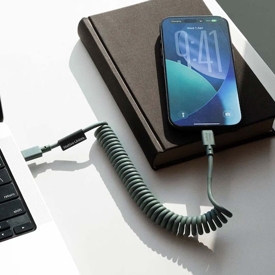 Native Union Usb-c To Usb-c Cable 60w Coiled 2.4m Pop Series Fast Charging Sage Green