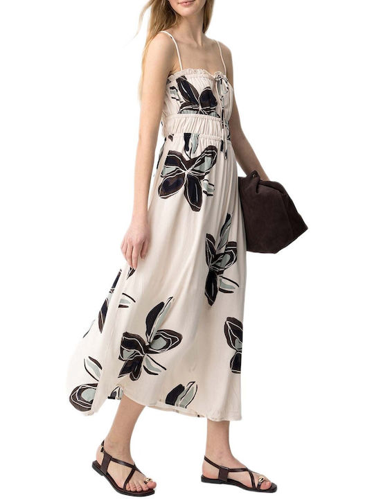 Summer Maxi Dress with Ruffles Beige with Blue Floral Pattern