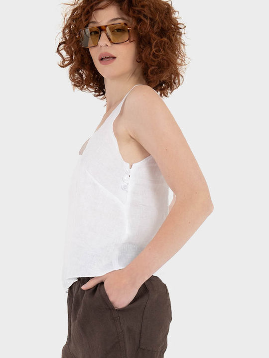 Damen Sommer Leinen Bluse Weiß