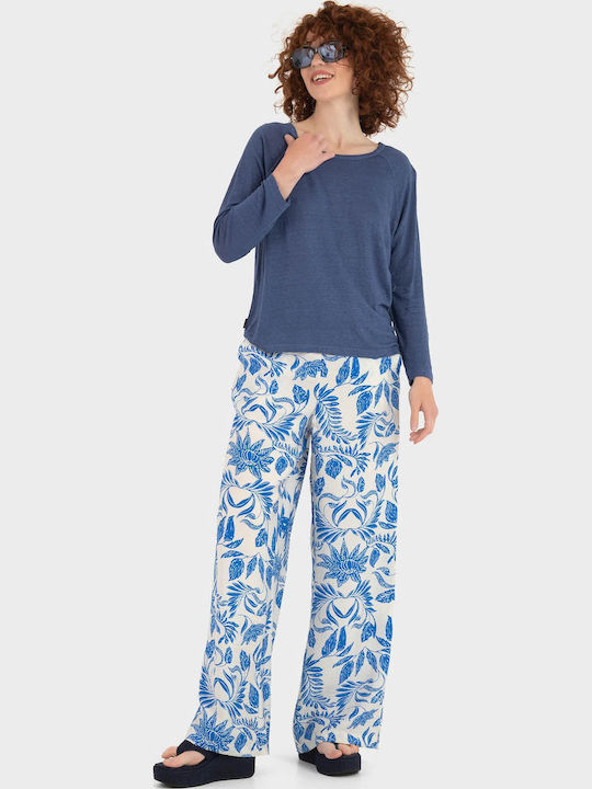 Women's Summer Crop Top Linen Long Sleeve Indigo