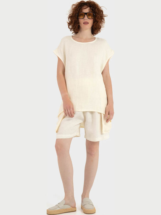 Damen Sommer Leinen Bluse Ecru
