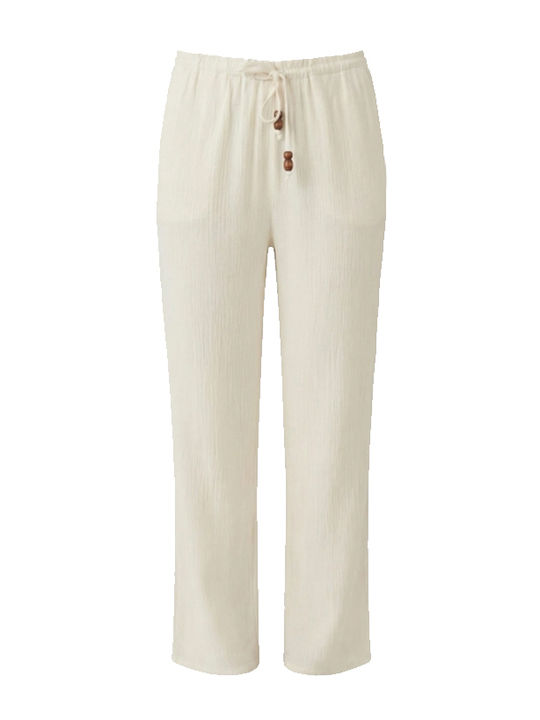 Wide Women's Fabric Trousers in Wide Leg Style Ecru