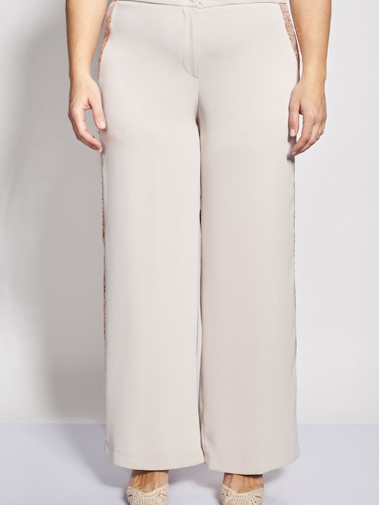 Pantaloni Dama Largi Bej High Rise Cu Paiete