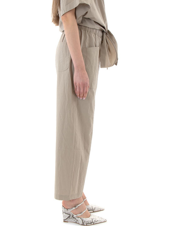 Damen Hochbund Stoff Capri Hosen mit Gummiband Beige S26B3208-Light-Khaki