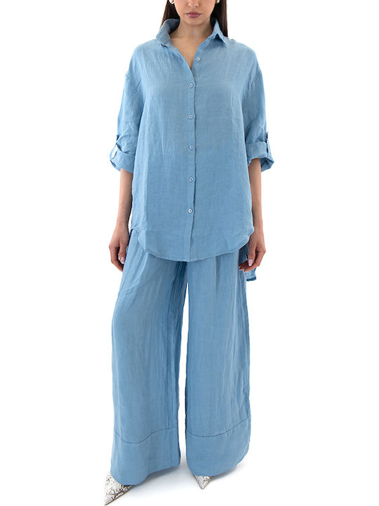 Short Sleeve Women's Linen Shirt Light Blue