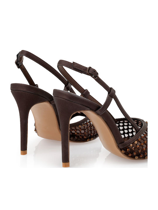 Fabric Sandals with Strass Brown W470003565X5-BROWN HN636-8137 Satin with Bronze Strass