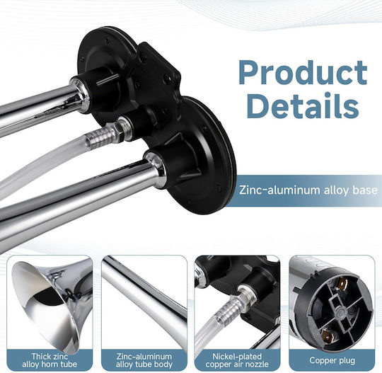 Claxon Electric Cu 2 Cornuri Compresor Zola 12v 150 Db Universal Crom Accesorii Montare Metalice