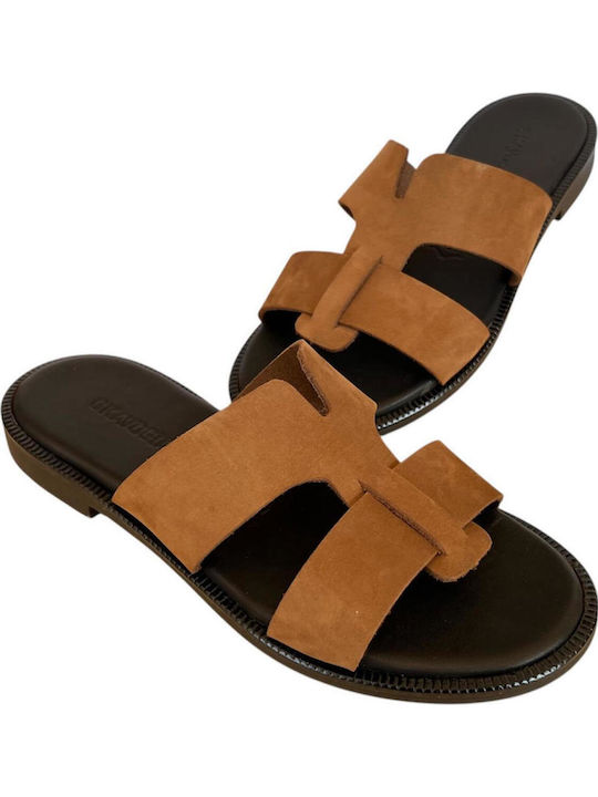 Leather Women's Flat Sandals Brown