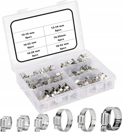 Set 34 Cleme Metalice Pentru Furtunuri Zola 6 Mărimi 16-32 Mm Cutie De Depozitare Argintii