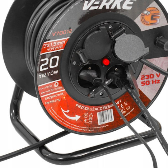 Verke Cablu de prelungire cu role 4 locuri cu lungimea de 20m Diametru 3 x 1.5mm² Cupru