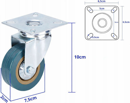 Set 4 Roți Rotative Placă Zola 75 X 20 Mm Cărucioare Mobilier 360° Rotire Silentioase Cauciuc Tehnic Oțel Galvanizat Verde