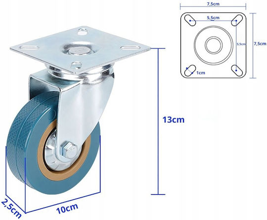 Set 4 Roți Rotative Placă Zola 100 X 25 Mm Cărucioare Mobilier 360° Rotire Silentioase Cauciuc Tehnic Oțel Galvanizat Albastru
