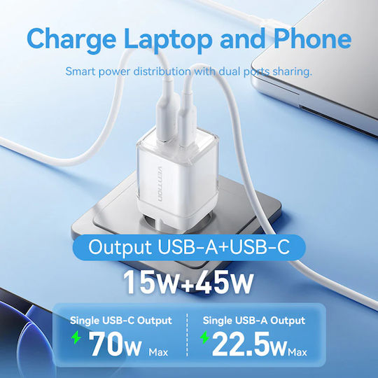 Vention Φορτιστής Χωρίς Καλώδιο GaN με Θύρα USB-A και Θύρα USB-C 70W Ροζ (FCGP0-EU)