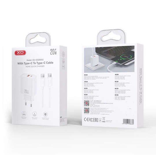 XO Зарядно Устройство GaN с USB-A Порт и USB-C Порт и Кабел USB-C - USB-C 20W Quick Charge 2.0 / Quick Charge 3.0 / Quick Charge 4.0 Бял (CE40)