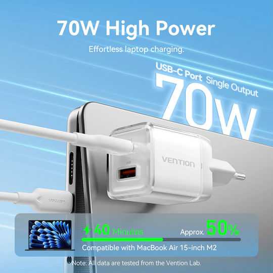 Vention Φορτιστής Χωρίς Καλώδιο GaN με Θύρα USB-A και Θύρα USB-C 70W Ροζ (FCGP0-EU)