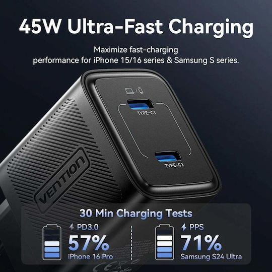 Vention Φορτιστής Χωρίς Καλώδιο GaN με 2 Θύρες USB-C 45W Power Delivery Λευκός (FCFW0-EU)