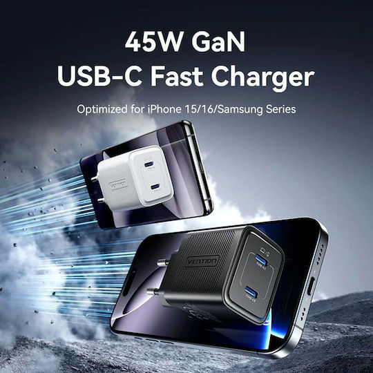 Vention Φορτιστής Χωρίς Καλώδιο GaN με 2 Θύρες USB-C 45W Power Delivery Λευκός (FCFW0-EU)