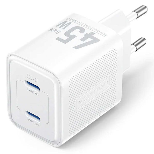 Vention Φορτιστής Χωρίς Καλώδιο GaN με 2 Θύρες USB-C 45W Power Delivery Λευκός (FCFW0-EU)
