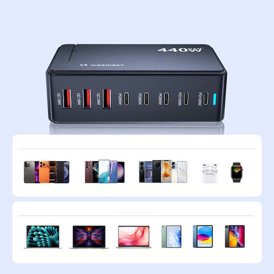Wozinsky Charging Stand GaN with 3 USB-A Ports and 5 USB-C Ports 440W Power Delivery / Quick Charge 4.0 in Black color (WSL-440)