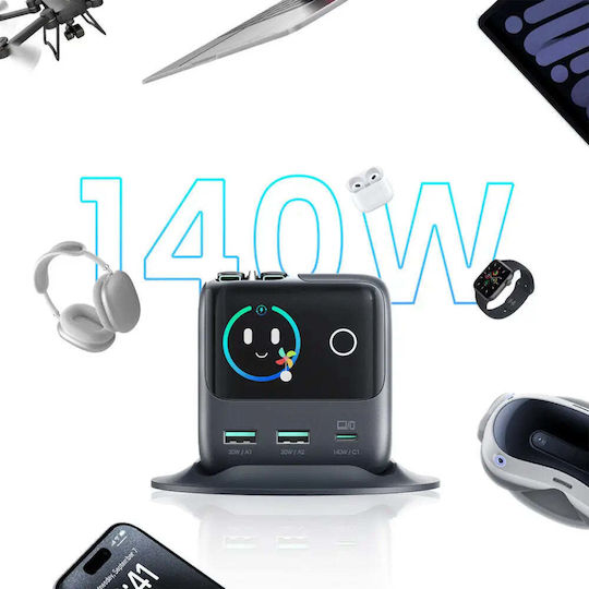 Joyroom Βάση Φόρτισης GaN με 2 Θύρες USB-A και Θύρα USB-C και Καλώδιο USB-C 140W Quick Charge 3.0 σε Γκρι χρώμα (JR-TRD01)