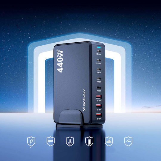 Wozinsky Charging Stand GaN with 3 USB-A Ports and 5 USB-C Ports 440W Power Delivery / Quick Charge 4.0 in Black color (WSL-440)