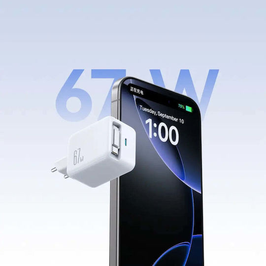 Joyroom Φορτιστής GaN με Θύρα USB-C και Καλώδιο USB-C 67W Power Delivery Λευκός (JR-TCL06)