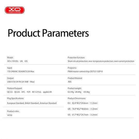 XO Încărcător cu Port USB-A și Cablu micro USB 18W Quick Charge 3.0 Albς (L159)