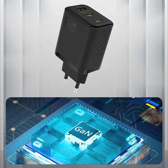 Dudao Charger Without Cable GaN with USB-A Port and 2 USB-C Ports 65W Power Delivery Blacks (A29)