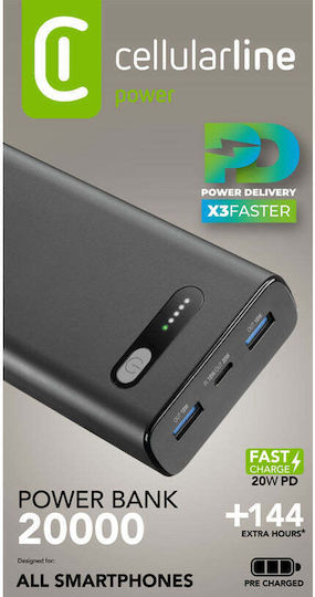 Cellular Line Fast Power Bank 20000mAh with 2 USB-A Ports and USB-C Port Power Delivery Black