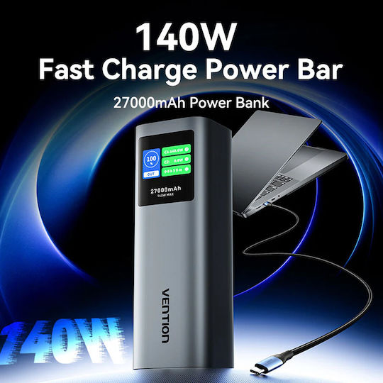Vention FKE Power Bank 27000mAh 140W with USB-A Output Port and 2 USB-C Output Ports Power Delivery Quick Charge 3.0 Grey