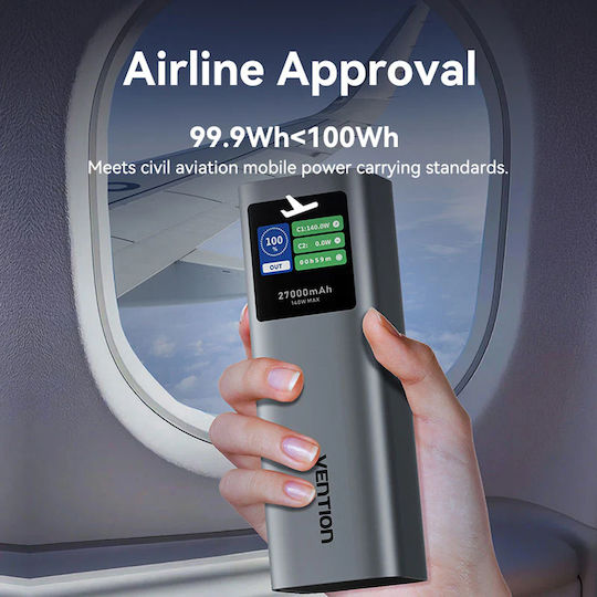 Vention FKE Power Bank 27000mAh 140W with USB-A Output Port and 2 USB-C Output Ports Power Delivery Quick Charge 3.0 Grey
