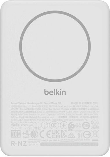 Belkin BoostCharge Slim Magnetic MagSafe Power Bank 5000mAh με Θύρα USB-C Λευκό