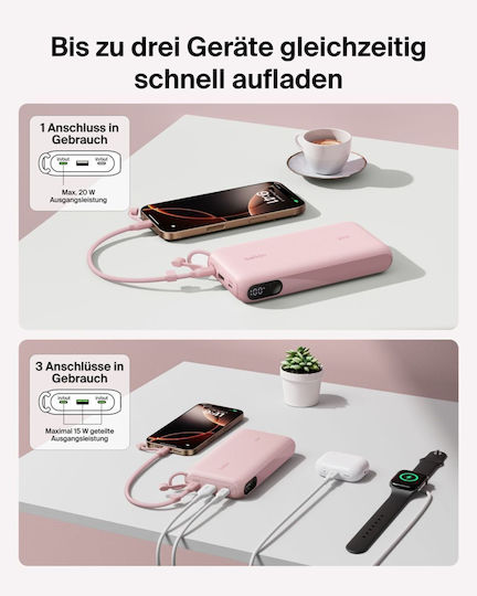 Belkin Power Bank 20000mAh 20W mit USB-A Ausgangsanschlüsse und 2 USB-C Ausgangsanschlüsse Stromlieferung Rosa