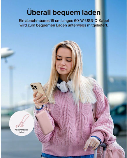 Belkin Power Bank 20000mAh 20W mit USB-A Ausgangsanschlüsse und 2 USB-C Ausgangsanschlüsse Stromlieferung Rosa