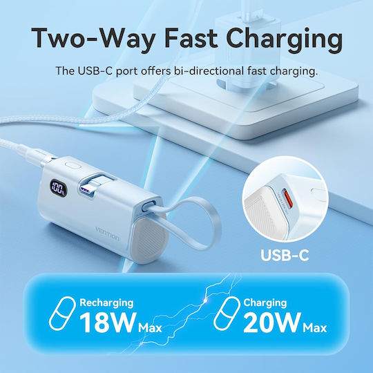 Vention FHQL0 Power Bank 4800mAh 20W with USB-C Power Delivery and Quick Charge Blue