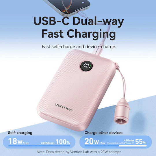 Vention Power Bank 10000mAh 22.5W с USB-A порт и USB-C порт Розов