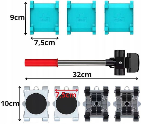 Kit Mobilier Pentru Ridicare și Transport Zola Capacitate De Încărcare 150 Kg 1 Manetă Mâner 32 Cm 4 Suporturi Roți 10 X 7.5 Cm