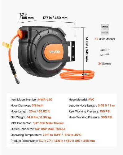 Vevor Retractable Air Hose Reel 20m X 9.5mm Pvc Air Hose Max 300psi Enclosed Air-compressor Hoses Reel Auto Rewind 2m Lead In 180° Swivel Ceiling Wall Mount Garages Workshops