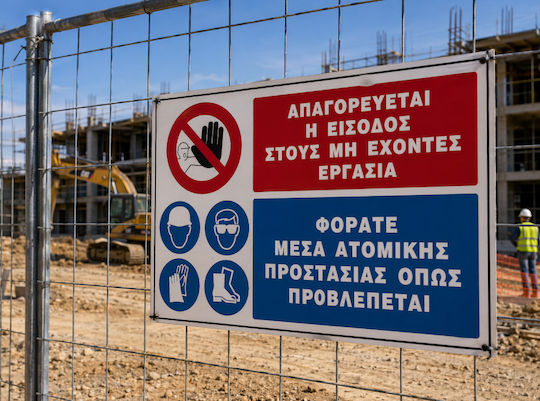 Απαγορευεται Η Εισοδος Στους Μη Εχοντες Εργασια Φορατε Μεσα Ατομικης Προσασιας Πινακιδα Αλουμινιου 35χ48 Infosign 10504