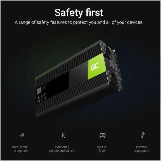 Green Cell Pure Sine Car Inverter Pure Sinewave 1500W to Converter 12V DC in 230V AC with 1xUSB