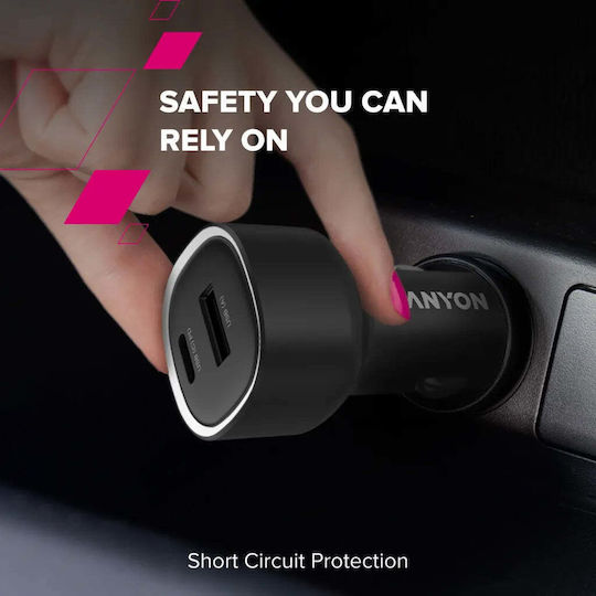 Canyon Auto-Ladegerät 48W Schnellladung mit Anschlüssen: 1xUSB 1xType-C Schwarz Farbe