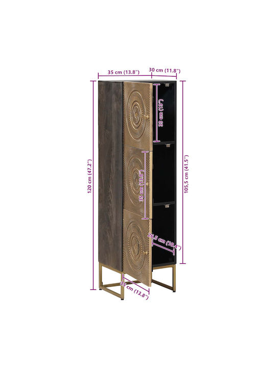 Highboard Floor Living Room Display Cabinet Made of Wood & Metal with Windowed Brass 35x30x120cm