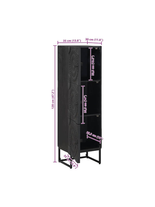 Highboard Floor Living Room Display Cabinet Made of Wood & Metal with Windowed Black 35x30x120cm