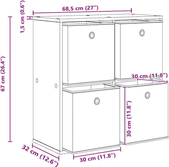 Sertar De Depozitare Din Lemn Cu 4 Sertare L68.5xL32xH67cm